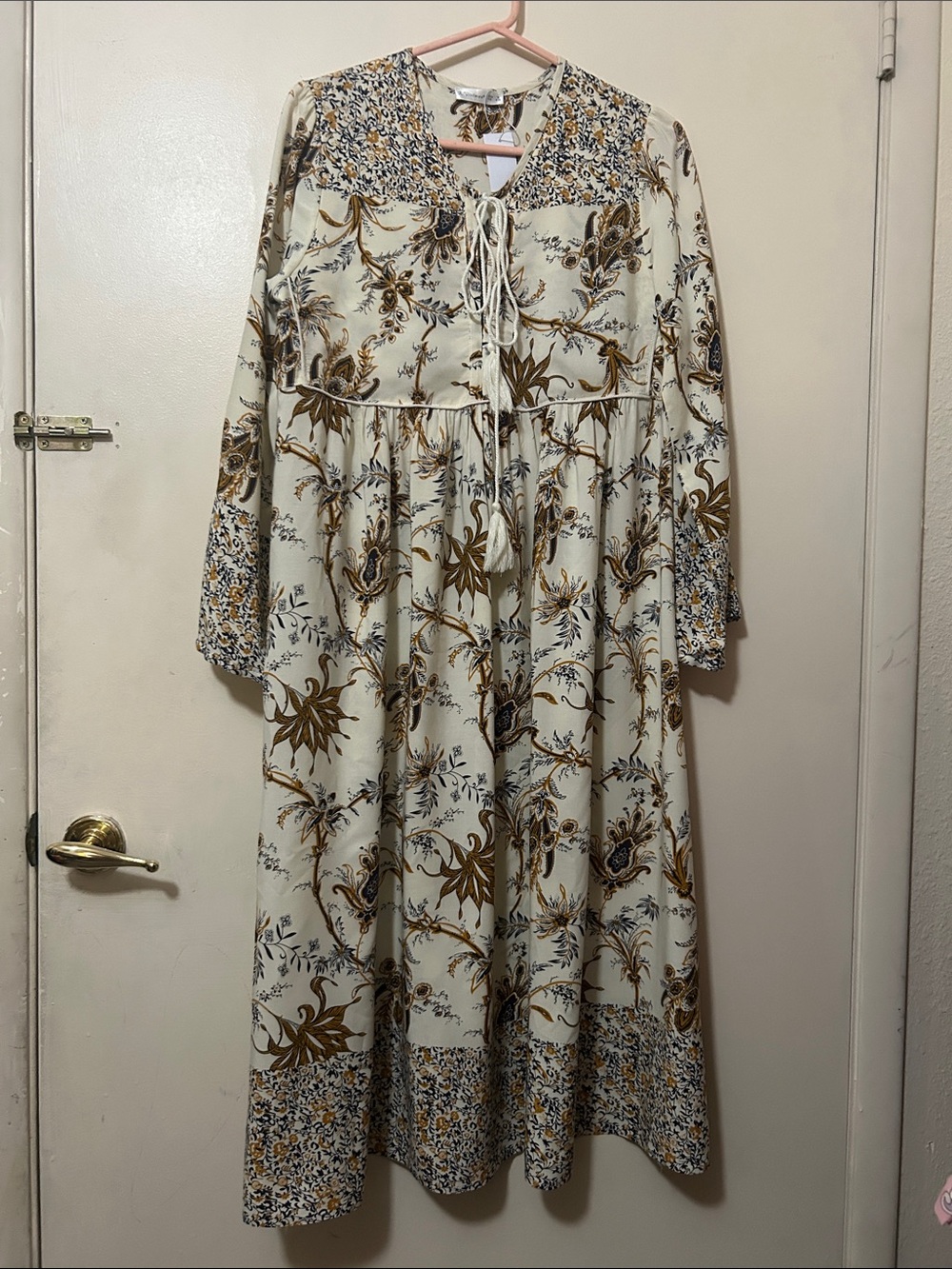 Boho Tie-Neck Maxi Dress in Cream and Brown